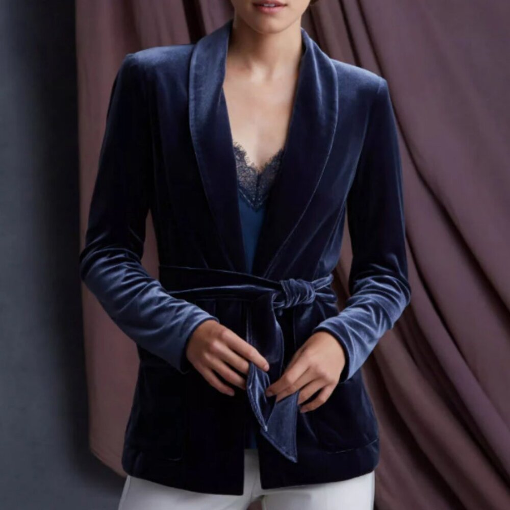 Bailey 44 Luxe Spencer Long Sleeve Velvet Smoking Jacket with Self Tie in Steele